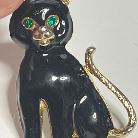 VTG Black Enamel Gold Toned Cat Kitten Brooch Pin Green Eyes 1.5" - Picture 7 of 9